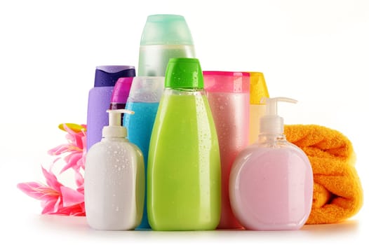 Composition with plastic bottles of body care and beauty products