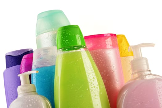 Composition with plastic bottles of body care and beauty products