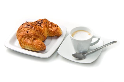 Cup of coffee with croissants isolated in white