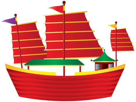 Chinese Junk Colorful Sail Boat Illustration Isolated on White Background