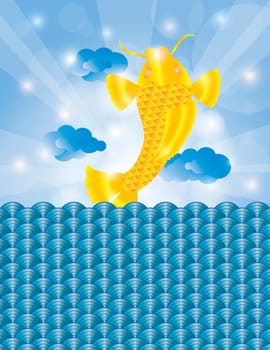 Chinese New Year Japanese Asian Gold Koi Fish Jumping Out of Water Abstract Background Illustration