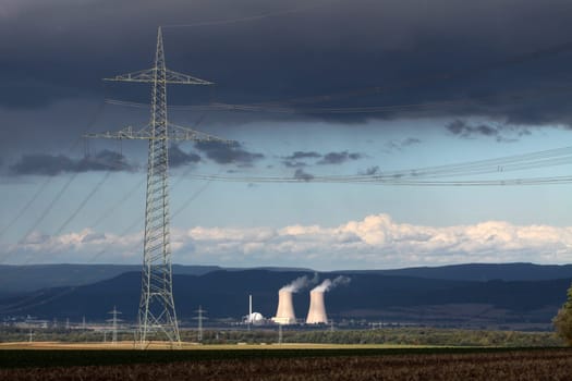 Thunderclouds over the Grohnde nuclear power plant in Lower Saxony