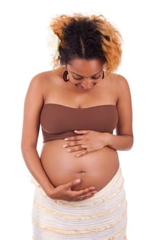 Young beautiful pregnant african woman , over white background