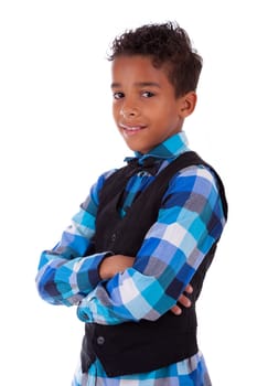 Portrait of a cute african american little boy with folded arms, isolated on white background