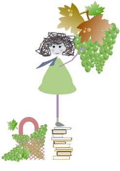little girl collects bunches of grapes