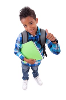 Little african american boy making thumbs up sign, isolated on white background