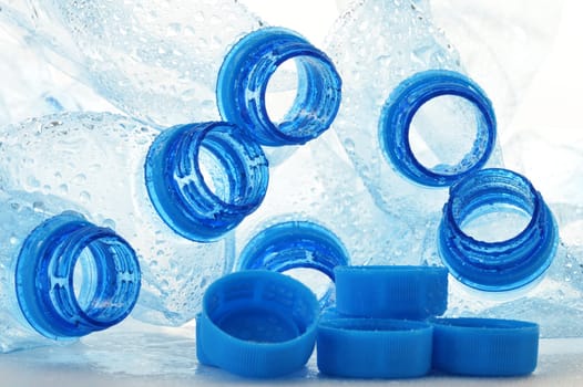 Composition with empty polycarbonate plastic bottles of mineral water