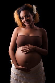 Young beautiful pregnant african woman , black white background