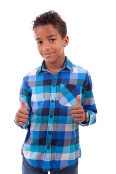 Portrait of a cute african american little boy making thumbs up, isolated on white background