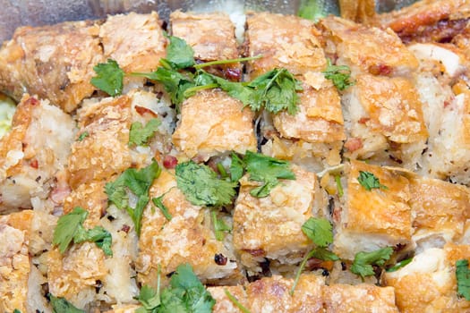Chinese Deep Fried Chicken Stuffed with Glutinous Rice Sausage Black Mushroom and Cilantro Closeup