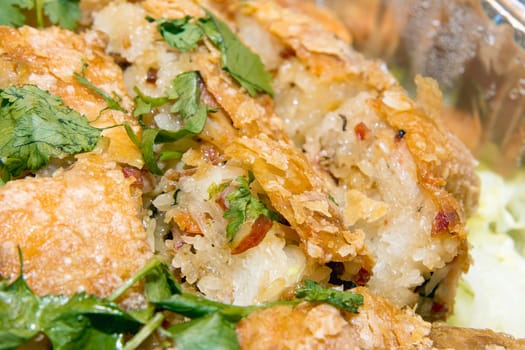 Chinese Deep Fried Chicken Stuffed with Glutinous Rice Sausage Dried Shrimp Black Mushroom and Cilantro Macro