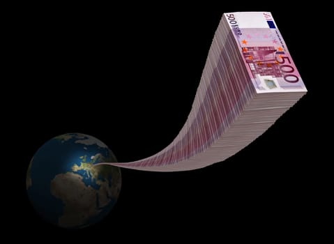 Stack of five hundred euro arriving in space