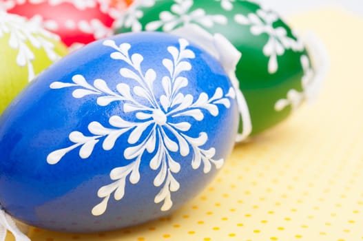 Closeup of Traditional Homemade Color Painted Easter Eggs - Shallow Depth of Field