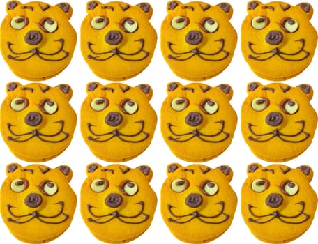 Range of homemade baked cookies with cat face isolated on white