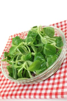 fresh lamb's lettuce in a glass bowl