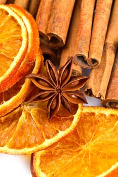Cinnamon sticks, star anise and dried orange cuts