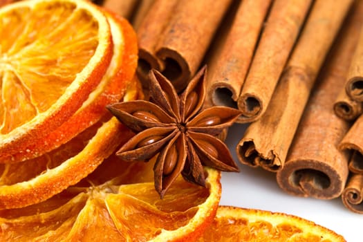 Cinnamon sticks, star anise and dried orange cuts