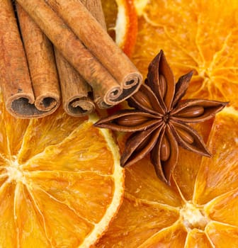 Cinnamon sticks, star anise and dried orange cuts