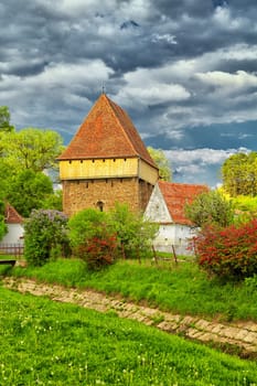 Saxon church at Bradeni in spring, Romania.