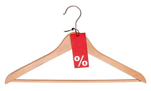 Red Tag With Percentage Symbol Hanging on Wooden Hanger - With Clipping Path
