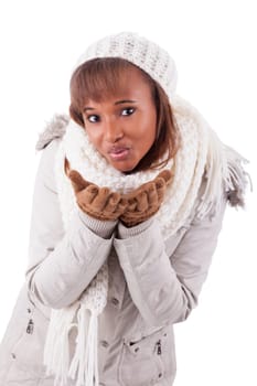 Young african american woman wearing winter clothes, isolated on white background