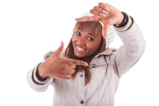 Young african american woman wearing winter clothes, isolated on white background