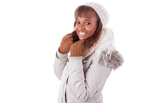 Young african american woman wearing winter clothes, isolated on white background