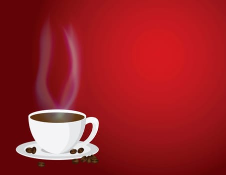 Cup of Steaming Hot Coffee with Steam and Beans on Red Background Illustration