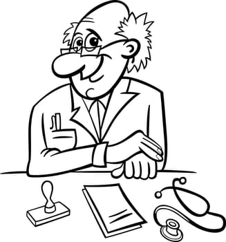 Black and White Cartoon Illustration of Male Medical Doctor in Clinic Consulting Room with Stethoscope and Prescriptions
