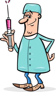 Cartoon Illustration of Male Medical Doctor or Surgeon with Syringe