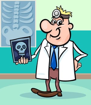 Cartoon Illustration of Male Medical Doctor in Hospital with X-ray Picture of Human Skull
