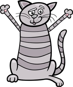 Cartoon Illustration of Happy Gray Tabby Cat