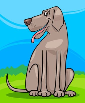 Cartoon Illustration of Funny Gray Great Dane Dog against Rural Scene with Blue Sky and Green Grass