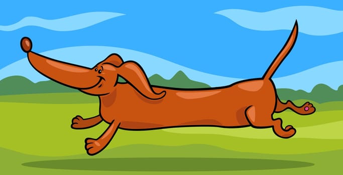 Cartoon Illustration of Cute Running Dachshund Dog against Rural Scene with Green Fields and Blue Sky