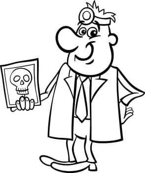 Black and White Cartoon Illustration of Male Medical Doctor with X-ray Picture of Human Skull