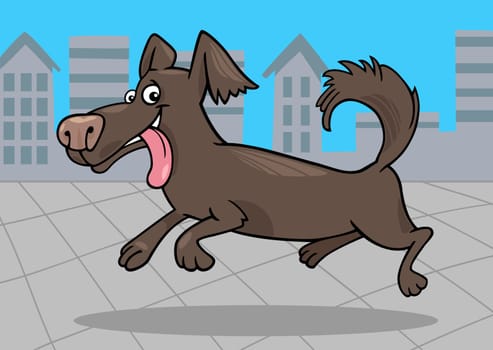 Cartoon Illustration of Funny Little Running Shaggy Dog against Blue Sky and Urban Scene with City View