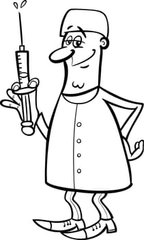 Black and White Cartoon Illustration of Male Medical Doctor or Surgeon with Syringe