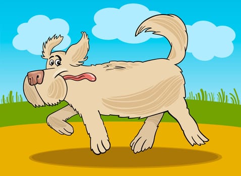 Cartoon Illustration of Funny Running Shaggy Sheepdog Dog against Rural Scene