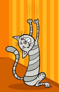 Cartoon Illustration of Funny Tabby Cat Scratching the Wall