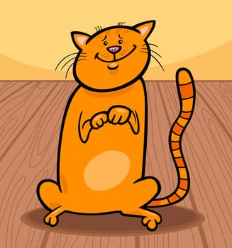 Cartoon Illustration of Cute Red Cat Sitting on the Wooden Floor