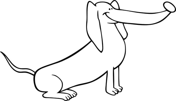 Black and White Cartoon Illustration of Funny Sitting Dachshund Dog for Coloring Book or Coloring Page