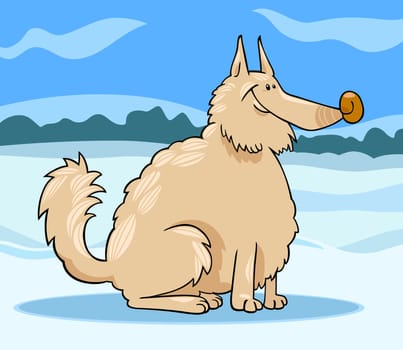 Cartoon Illustration of Shaggy Purebred Eskimo Dog or Spitz or Sheepdog against Winter Rural Scene with Snow