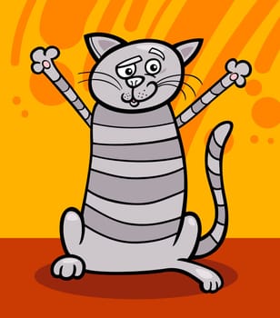 Cartoon Illustration of Happy Gray Tabby Cat