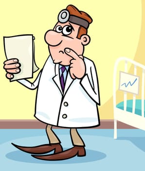 Cartoon Illustration of Male Medical Doctor in Hospital Room with Writing Board near the Patient Bed