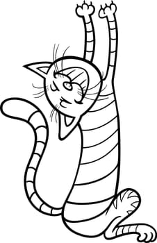 Black and White Cartoon Illustration of Funny Stretching Cat for Coloring Book or Coloring Page