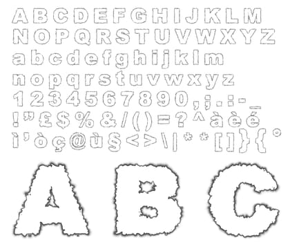 Complete alphabet where letters are made of on an old burnt parchment background