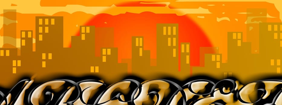 City silhouette background with graffito writings