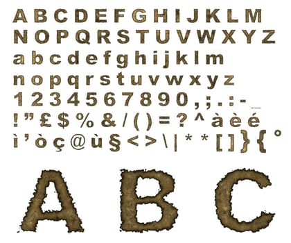 Complete alphabet where letters are made of on an old burnt parchment background