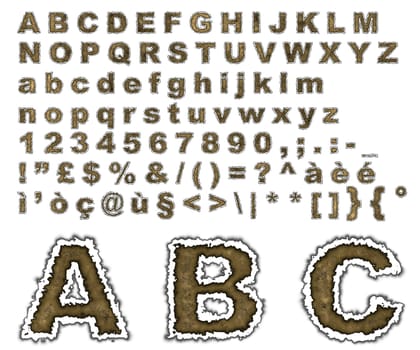 Complete alphabet where letters are made of on an old burnt parchment background