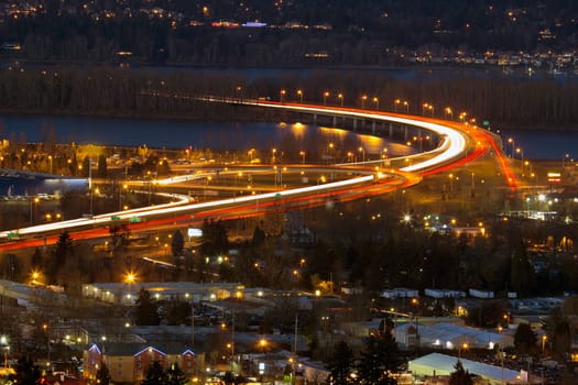 Interstate Freeway I-205 Over Columbia River Between Washington and Oregon State at Blue Hour